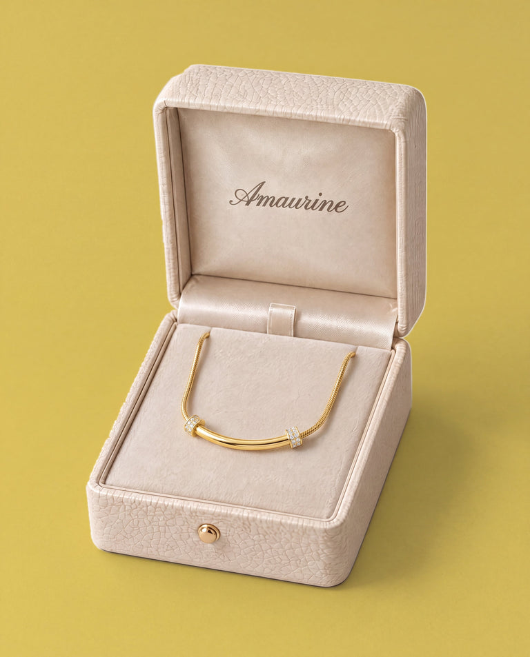 The Amaurine box, open, with the Voûte Bar Necklace — Amaurine
