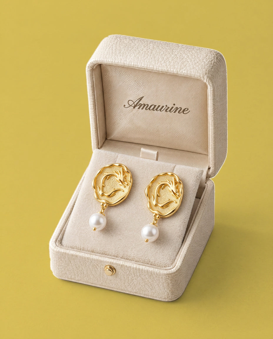 Tympan Shell Pearl Earrings — presentation box