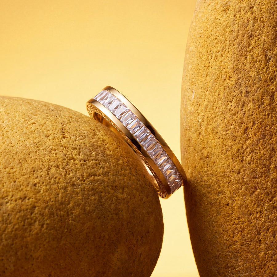 Gold eternity ring set between two pale stones